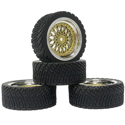 4PCS 65mm RC Rally Car Rubber Tires and Plastic Plating Wheel Rims Set 12mm Hex for 1/10 RC On-Road Rally Drift Racing Car for HSP Tamiya Sakura HPI WR8 HSP TT02 WLtoys (Gold Silver) - color: Gold Silver