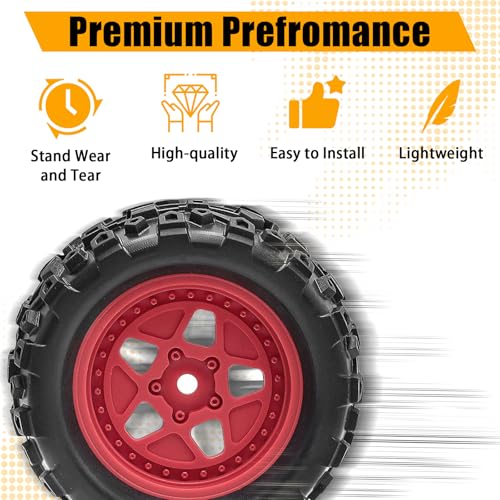 Pre-Glued 1/16 & 1/18 RC Monster Truck Rubber Tire & Nylon Wheel - 12mm Hex | Rubber Tires with Foam Fits for ARRMA 1/18 Granite/Typhon Grom, WLtoys A949, MJX Hyper Go H16 (4PCS, Red) - color: Red