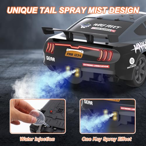 Dollox Remote Control Car 1/16 Scale RC Drift Car 2.4GHz 4WD High Speed 18+KM/H Vehicle with LED Lights and Spray, Extra Drifting Tires Racing Vehicle Toys Birthday Gifts for Adults Boys, 2 Batteries - color: Grey