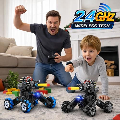 RC Tank that Shoots, Gesture Sensing RC Tank for Boys 8-12 | Hand Gesture & Remote Drift Remote Control Trucks, 2.4GHz Battle Soft Bullets, Spray, Music, LED Lights, Kids Gift - color: Blue & Soft Bullets