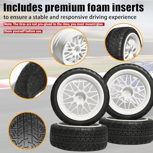 OD 2.65" On Road Rubber Tires Nylon Wheels- 12mm Hex for 1/10 RC Racing Car | Compatible with MJX HSP Tamiya HPI Kyosho Traxxas Sakura Redcat WLtoys 1/10 RC On-Road Racing Touring Car (4pcs, White) - style: D-White
