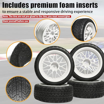 OD 2.65" On Road Rubber Tires Nylon Wheels- 12mm Hex for 1/10 RC Racing Car | Compatible with MJX HSP Tamiya HPI Kyosho Traxxas Sakura Redcat WLtoys 1/10 RC On-Road Racing Touring Car (4pcs, White) - style: D-White