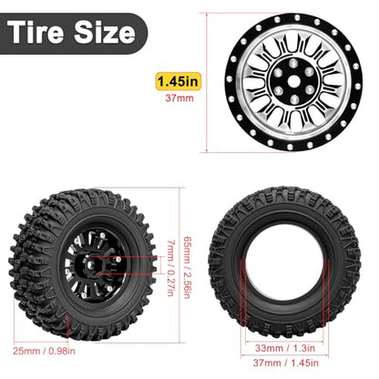 LRFHL 1.3" Beadlock Wheel Tires Aluminum for SCX24 TRX4M, 4PCS, Silver | Upgraded 1.45-inch Wheel, 1/24 SCX24 1/18 TRX4M RC Crawler Car Upgrade - color: Black Tires+ Silver Wheels-1