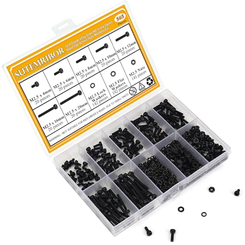565 Pieces M2.5 Screws Nuts Washers Set Black, Sutemribor M2.5 x 4/6/8/10/12/16/20mm Hex Socket Head Cap Screws Nuts Washers Assortment Kit, 12.9 Grade Alloy Steel, Fully Threaded - size: M2.5, style: Socket Head