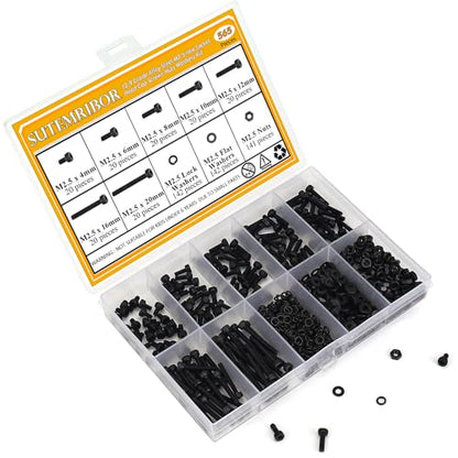 565 Pieces M2.5 Screws Nuts Washers Set Black, Sutemribor M2.5 x 4/6/8/10/12/16/20mm Hex Socket Head Cap Screws Nuts Washers Assortment Kit, 12.9 Grade Alloy Steel, Fully Threaded - size: M2.5, style: Socket Head