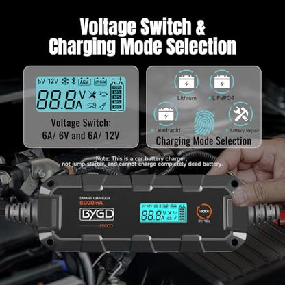 6A Car Battery Charger, 6V/12V Automative Trickle, Maintainer Battery Charger Desulfator with Temperature Compensation, LiFePO4 & Lead Acid Batteries for Motorcycle Lawn Mower Boat