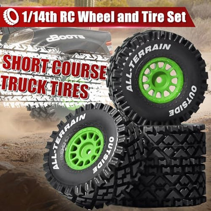 4PCS Pre-Glued 1/14 RC Tires and Wheels, 68×28mm All-Terrain Rubber Short Course Truck Tires with 12mm Hex Nylon Rims for ARRMA Mojave GROM, 1/14 1/18 RC Off-Road Trucks Green - color: Green