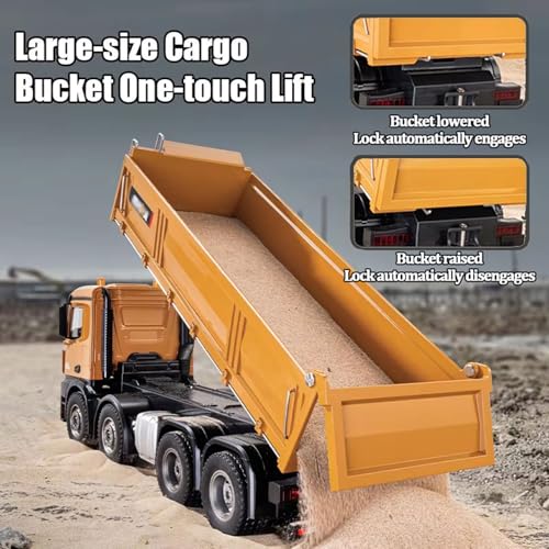 1:14 Scale RC Dump Truck with 2 Batteries, 4WD 2.4Ghz RC Truck with Trailer, 12CH RC Construction Vehicle with Light and Sound, Four-Wheel Steering, RC Toy Car for Boy Girl Birthday Gift
