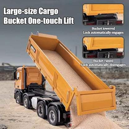 1:14 Scale RC Dump Truck with 2 Batteries, 4WD 2.4Ghz RC Truck with Trailer, 12CH RC Construction Vehicle with Light and Sound, Four-Wheel Steering, RC Toy Car for Boy Girl Birthday Gift