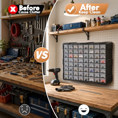64-Drawer Organizer for Garage Building Bricks Storage,𝐓𝐡𝐢𝐜𝐤𝐞𝐫 Drawer Storage Cabinet with Dividers and Labels for Hardware,Screws,Nuts Bolts, Garage Tools,Charms,Beads,Craft,Scrapbook - size: 64 Drawer