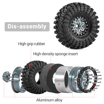 1.9" Alloy Wheels and Rubber Tires 4-Pack, for TRX4, SCX10, SCX10 III, 90046, D90 and Other Popular RC Crawler Models (Titanium) - color: Titanium+W tires