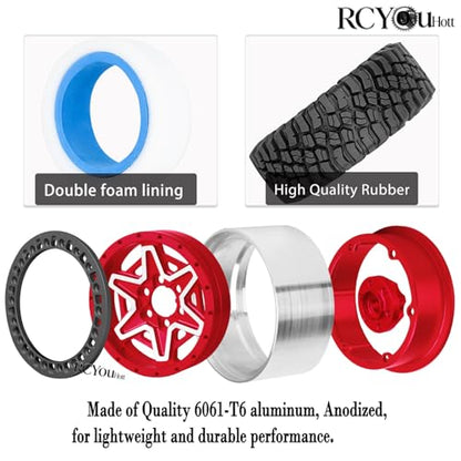 RC 1.9" Beadlock Wheels and Tires Set for 1/12 M-J-X H12Y H12Y+ H12P MN-128 RC Crawler,Wheels Tire OD 90MM/3.54",Aluminium Wheel Rims (4PCS),1.9" Beadlock Wheel Tires,Red - color: Red- (Wheel Tires)