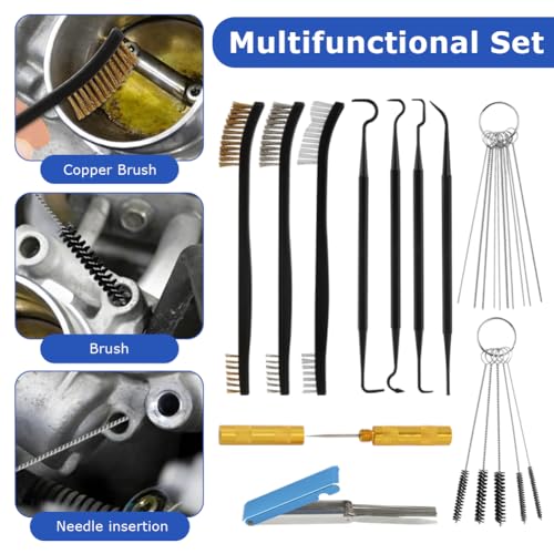 7 Pcs Carburetor Cleaning Kit, Includes 3 Double-headed Brush 23 Needles 5 Nylon Brushes 1 Scraper and 4 Cleaning Hooks for Motorcycle Moped Welder Carb Spray Gun