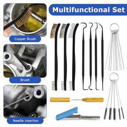 7 Pcs Carburetor Cleaning Kit, Includes 3 Double-headed Brush 23 Needles 5 Nylon Brushes 1 Scraper and 4 Cleaning Hooks for Motorcycle Moped Welder Carb Spray Gun