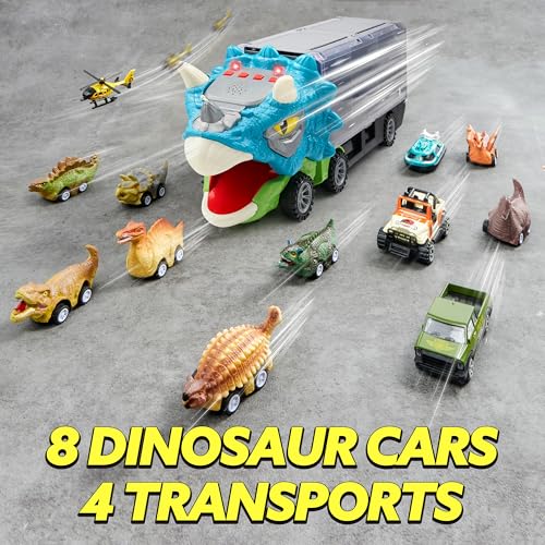 JOYIN 13 in 1 Dinosaur Toys for Kids 3-5, Triceraptor Dinosaur Truck with 12 Pull Back Cars, Birthday Gifts Toys for 3 4 5+ Year Old Boy, Transport Carrier Truck for Toddlers 3-4 Years - style: Triceratops Truck