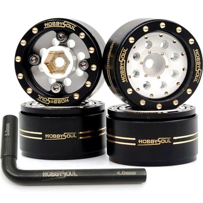 Adjustable Offset 1.0 Beadlock Wheels Brass Rims Weight 44g/Rim for RC Micro Crawler 1/18 TRX4M 1/24 Axial SCX24 90081, (4-Pack, HS701452) - color: Black & White