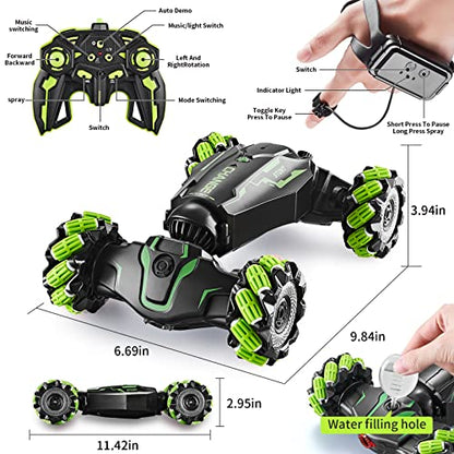 TADOZIC 4WD Remote Control Gesture Sensor Car,Hand Controlled RC Stunt Car,Double-Sided Vehicle 360° Rotation with Light and Music Spray, Watch Toy Cars for Boys & Girls Birthday - color: Green