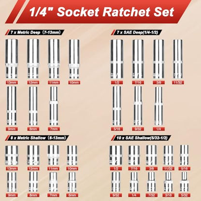 Egofine 117 Pieces 1/4 & 3/8 inch Drive Socket Ratchet Wrench Set, Metric/SAE Size, with Bit Socket Set and Extension Bar for Auto Repairing and Household, with Storage Case - style: 3/8" & 1/4" 117 PCS with 72 Teeth Ratchet