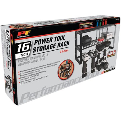Performance Tool W7701 16 in. 3 Tier Power Tool Organizer Wall Mount | Garage storage system and utility rack. Holds cordless drills and tools. Heavy steel frame with powder-coated finish - style: 16" Power Tool Storage Rack