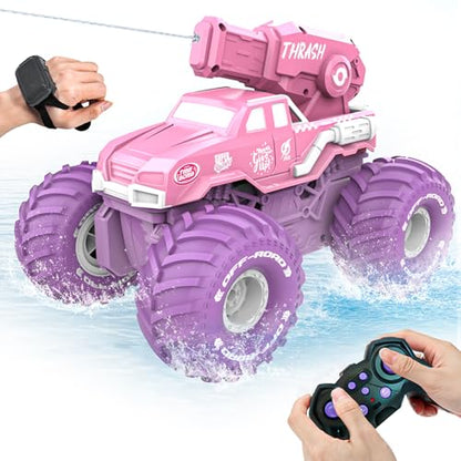 BEZGAR Amphibious Remote Control Car - Pink Monster Truck for Girls | 1:16 Scale RC Boats 2.4GHz Waterproof with Shooting Water Pistol, 4WD All-terrian Off-Road Pickup Outdoor, Girls Kids Gifts - color: Pink