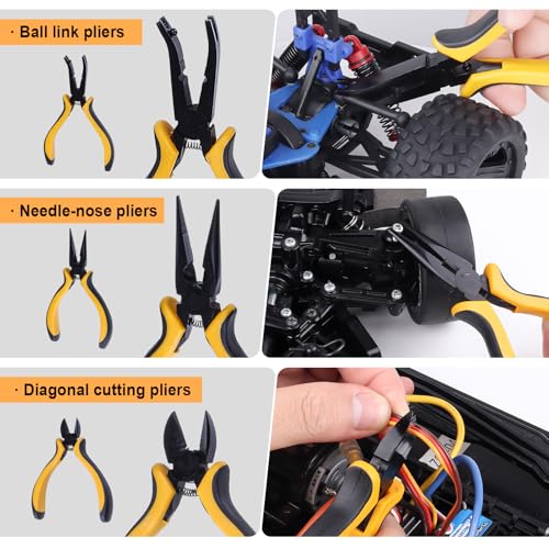 RC Car Tool Kit - Screwdriver Set (Flat, Phillips, Hex), Pliers, Wrench, Repair Tools for Quadcopter Drone Helicopter Airplane, Accessories Compatible with Traxxas RC Cars Trucks Models - 12pcs