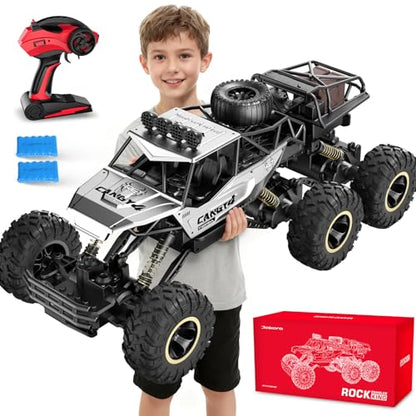 RC Cars, Remote Control Monster Truck - Rock Crawler RC Truck with 2 Rechargeable Batteries, Metal Body, Large Size & LED Headlights, Boy Toys for Kids Ages 4-7 8-12 Birthday Gifts - color: 6 Wheels Silver