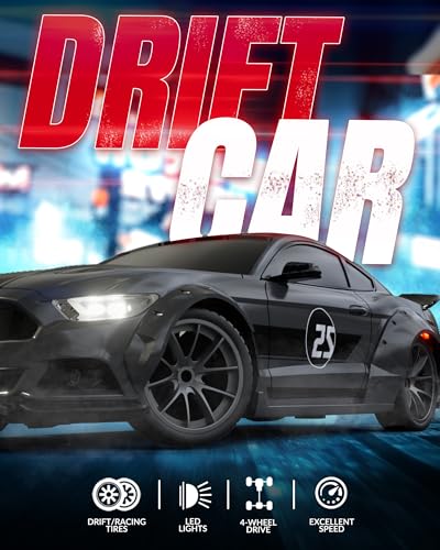 Mustang RC Car, 1:20 Remote Control Cars for Boys Kids | LED Lights, 2.4GHz, 4WD, Drifting Tires, 2 Batteries, Roadblock, Racing Sports Gift Idea - color: Gray