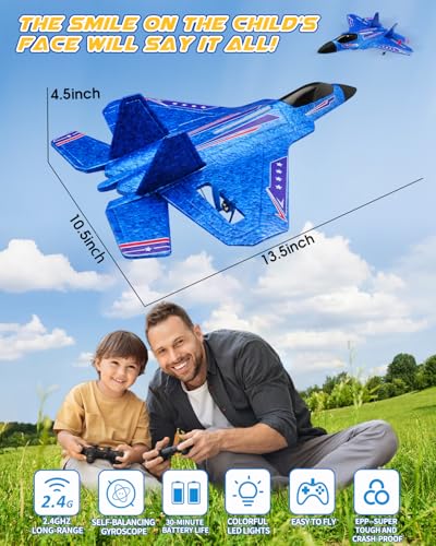 ANTSIR F22 RC Airplane for Kids Boys Adults Beginners Easy to Fly Gift | Gyro Stabilizer, LED Lights, 2.4GHz 2 Channel, 2 Batteries EPP Foam RC Glider, 2.4GHz Remote Control Fighter Jet - color: Blue F22-2 Batteries Kf