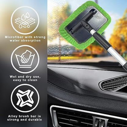 Ziciner Car Windshield Cleaner, Microfiber Auto Cleaning Wiper with Aluminum Extendable Handle and 2 Washable Reusable Cloth Pad Head, Universal Vehicle Interior Exterior Cleaner Kit (Green-Rectangle) - size: Green-Rectangle