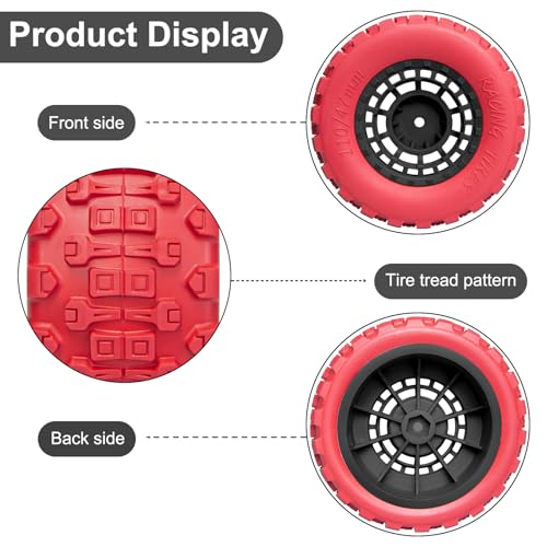 Pre-Glued 12mm Hex RC Wheels and Tires for 1/10 RC Short Course Truck, 4PCS | Compatible with 1/10 Arrma Senton Traxxas Slash Axial Losi Axial Redcat - color: Red Tires+ Black Wheels