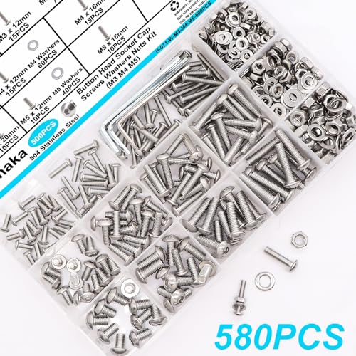 500PCS M3 M4 M5 Metric Screw Assortment Kit, 8-20mm Button Head Socket Cap Screws Bolts Nuts Washers Assortment Kit, 304 Stainless Steel Metric Bolts with 3 Hex Wrench - size: SS M3 M4 M5, style: Button Head