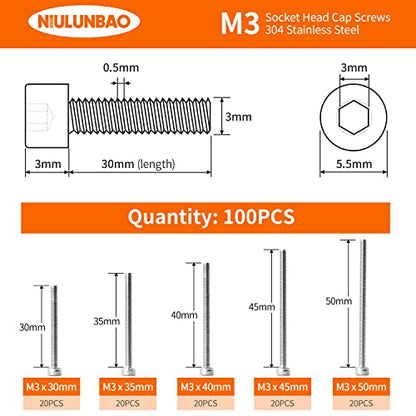 M3 x 30mm 35mm 40mm 45mm 50mm Hex Socket Head Cap Screws Bolts, 304 Stainless Steel, Metric Machine Fully Threaded, Bright Finish, Allen Hex Drive, Assortment Kit 100PCS - size: M3 x 30/35/40/45/50mm (100PCS)