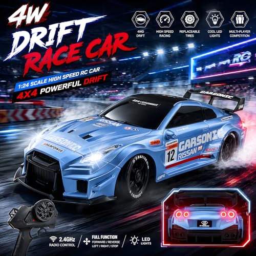 1:24 RC Drift Car for Kids,4WD 2.4GHz 28KM/H High Speed Remote Control Car, Racing Sport Toy Car with LED Lights,Drifting Tires＆Two Batteries (Blue-24G) - color: Blue-24g