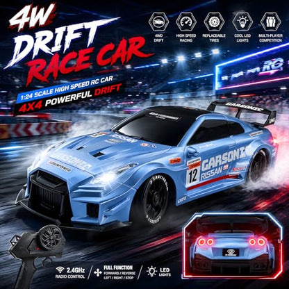 1:24 RC Drift Car for Kids,4WD 2.4GHz 28KM/H High Speed Remote Control Car, Racing Sport Toy Car with LED Lights,Drifting Tires＆Two Batteries (Blue-24G) - color: Blue-24g