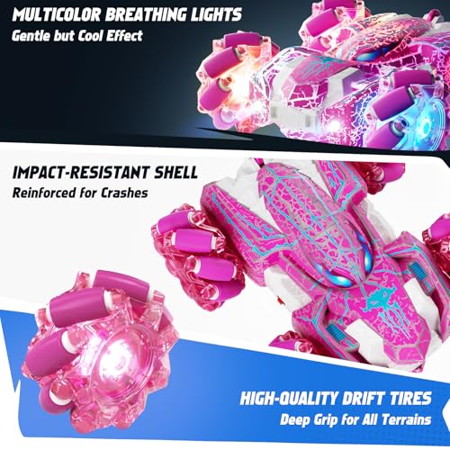 Gesture Sensing Remote Control Car Birthday Gift for Girl 3-12 | Double Sided RC Cars, Full-Body Light, 2.4GHz Hand Controlled, Rechargeable RC Stunt Car - color: Pink