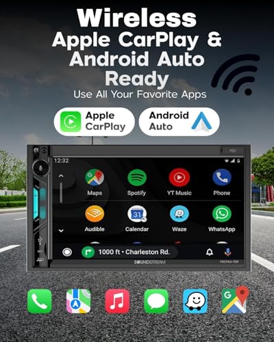 Soundstream VRCPAA-7DR 7" Double DIN Touchscreen Car Stereo, Wireless Apple CarPlay & Android Auto, Bluetooth Hands-Free, USB/AUX, Backup Camera Input, Steering Wheel Control, FM/AM, In-Dash Head Unit
