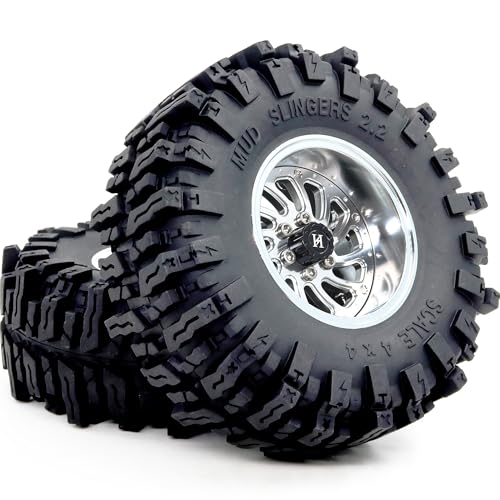 124mm Tall 2.2 Mud Slingers Tires & 2.2 Beadlock Wheels Adjustable Offset 40mm Wide Rims for RC Crawler Trail SCX10 Everest 10 Capra Wraith Upgrades,HS701582 - color: Silver