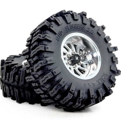 124mm Tall 2.2 Mud Slingers Tires & 2.2 Beadlock Wheels Adjustable Offset 40mm Wide Rims for RC Crawler Trail SCX10 Everest 10 Capra Wraith Upgrades,HS701582 - color: Silver