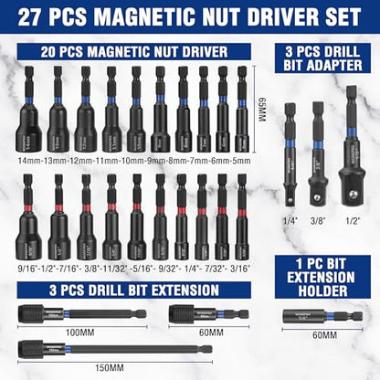 WORKPRO 27 PCS Magnetic Nut Driver Set with Quick-Release Extensions | Impact Drill Driver Bit 1/4" Hex Shank, SAE & Metric Cr-V Power Nut Drivers, Impact Socket Adapters, Bit Holder and Toolbox - size: 27PCS Magnetic Nut Driver Set