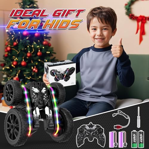Jimdella RC Cars Toys, 2-in-1 Remote Control Car Transform 4WD with Spray & LED Lights, 2.4GHz Off-Road Stunt Truck for 360° Flips Gift for Boys Age 8-12 (Black) - color: Black