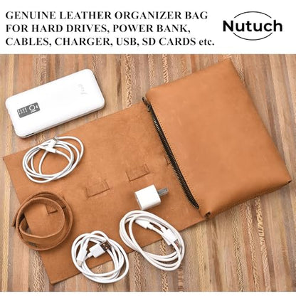 Leather Tech Pouch for Cables Chargers Phone | Tech Bag | Zipper Travel Accessory Pouch | Electronic Organizer Case Travel Bag (Tan) - color: Tan