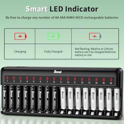 Bonai Rechargeable AA and AAA Batteries with Charger, 8 x 2800mAh AA & 8 x 1100mAh AAA & 16 Bay Advanced Individual Fast Battery Charge with American AC Plug
