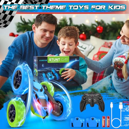cosone Blue Green RC Car for Kids | Rechargeable Remote Control, 360° Rotation Stunt Car, Double-Sided Driving, LED Lights, 2.4GHz Off Road - color: Blue&green Pro