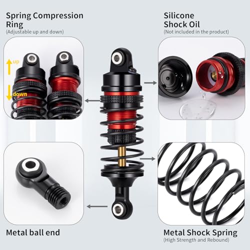 Aluminum Adjustable Progressive Shock for Tra-xxas 1/16 Mini Slash | 4X4 Rally VXL Ford RS200 Short Course Truck Upgrade 4pcs Adjustable Spring Damper Red