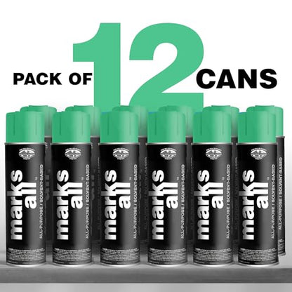 Fox Valley 18oz Marks All Solvent-Based Marking Paint Spray, 12-Pack Green APWA – Long-Lasting, Weather-Resistant Spray Paint for Wet or Dry Surfaces Like Metal, Grass, Concrete, Wood, & More - color: Green APWA