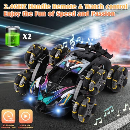 Cool 6-Wheel Gesture RC Stunt Car for Kids Ages 6-12 | Gesture & Remote Dual Control RC Car for Boys Girls, Double-Sided Stunt Vehicle with Lights, Music & Spray Function - color: Black