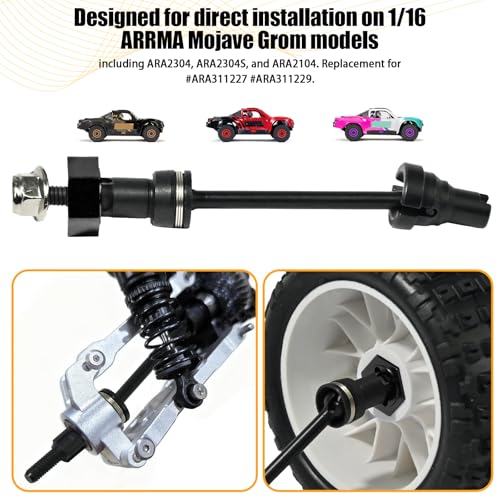 Hardened Steel CVD Drive Shafts Set with Adapters, Nuts, Center Drive Cups, Front Rear Dogbone Driveshaft Axles Upgrades Part for 1/16 Mojave Grom ARA2304, ARA2304S, ARA2104 (Black,Black) - color: Black-black