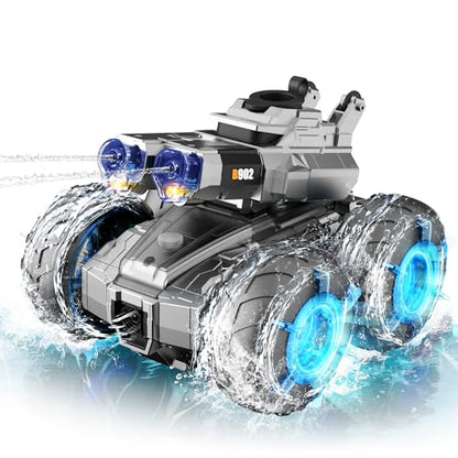 3-in-1 Amphibious RC Car & Boat 4WD All-Terrain Stunt Car | Gesture Sensing RC Trucks Toys Built-in Water Gun Swimming Pool Toys Birthday Gifts for 8 9 10 11 12 +Year Old Boys Girls - color: Blue