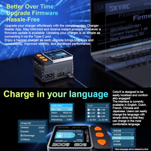 SKYRC B6ACneo Smart Charger Lipo Battery Charger, DC 200W AC 60W | PD Output 65W Battery Balance Charger Discharger for 1-6S LiPo/LiFe/Li-ion/LiHV, 1-15S NiMH/NiCd, 3S/6S Pb Battery