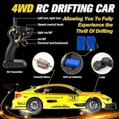 RC Drift Car, 1:16 Scale Drifting Cars 2.4GHz 4WD 40km/h | RC Race Car, High-Speed Remote Control Drift Cars Vehicle, Racing Sport Toy Gift for Boys Girls Kids(Yellow) - color: Yellow